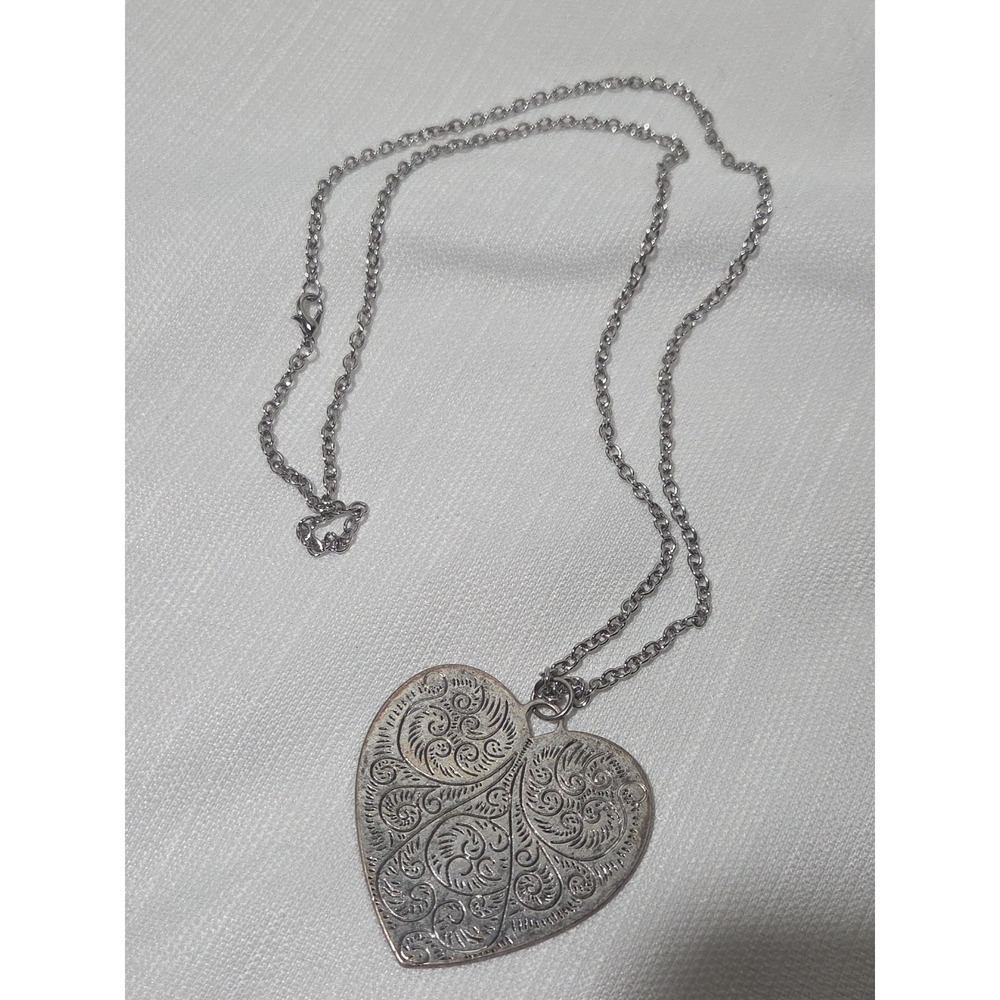Silver Tone Heart Necklace Western Style Boho Engraved Large - Picture 5 of 6